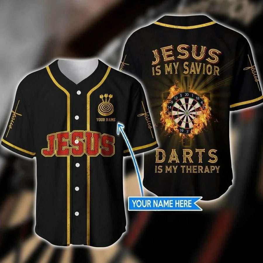 Personalized Jesus Baseball Jersey - Cross Flame Dart Baseball Jersey - Gift For Christians - Jesus Dart Is My Therapy Custom Baseball Jersey Shirt