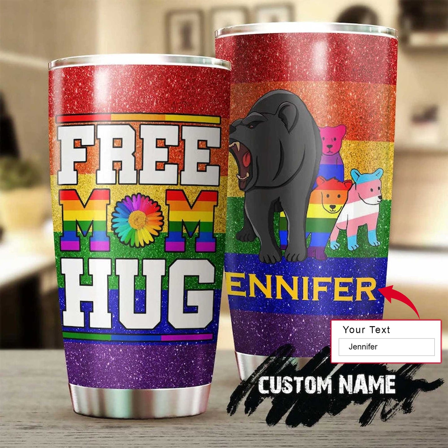 Personalized Mother's Day Gift Tumbler - Custom Gift For Mother's Day, Presents for Mom - Free Mom Hugs, Bear, Rainbow Tumbler