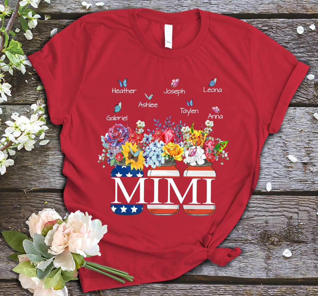 Mimi and Kids Custom Name T-shirt, Grandma Shirt , Flower Vase Flag American Personalized Shirt - Perfect Gift For Gigi, Nana, Mimi, Grandma