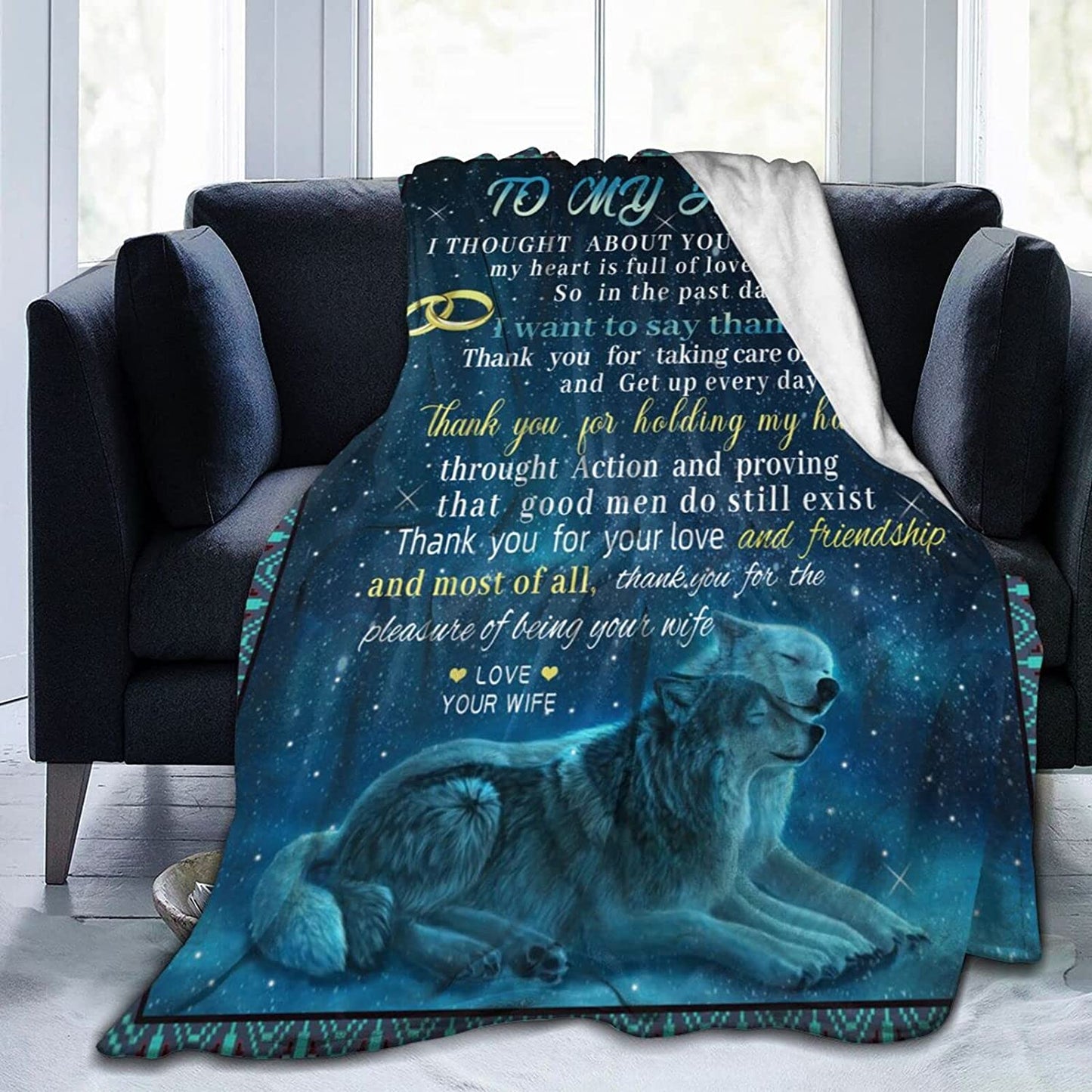 To Husband Gifts Blanket From Wife Love Letter Blanket ValentineS Blanket Anniversary Wedding Present Blanket 60Inchx50Inch Super Cozy Plush Flannel Throws Wolf Blanket With Pillow