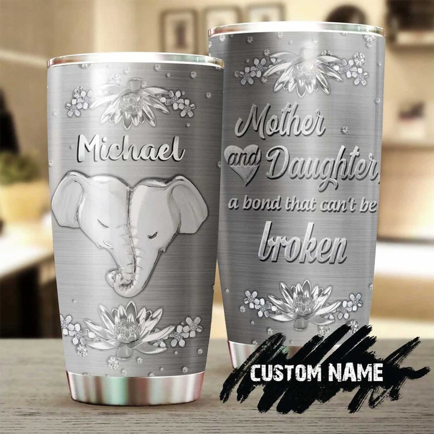 Personalized Mother's Day Gift Tumbler - Custom Gift For Mother's Day, Presents for Mom - Elephant Heart, Silver Style, A Bond Can't Be Broken Tumbler