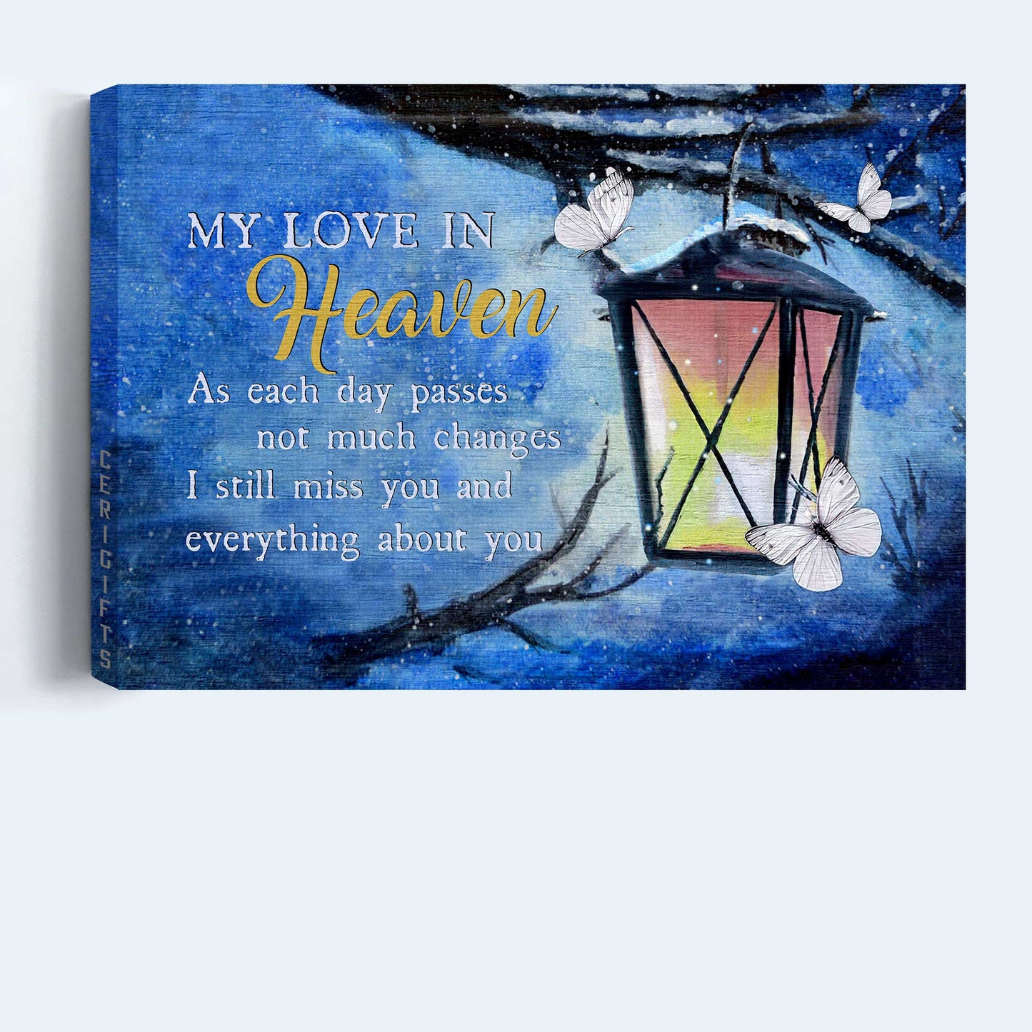 Memorial Landscape Canvas - Beautiful lantern, White butterfly, Blue night Landscape Canvas - Memorial Gift For Family Members - My love in heaven