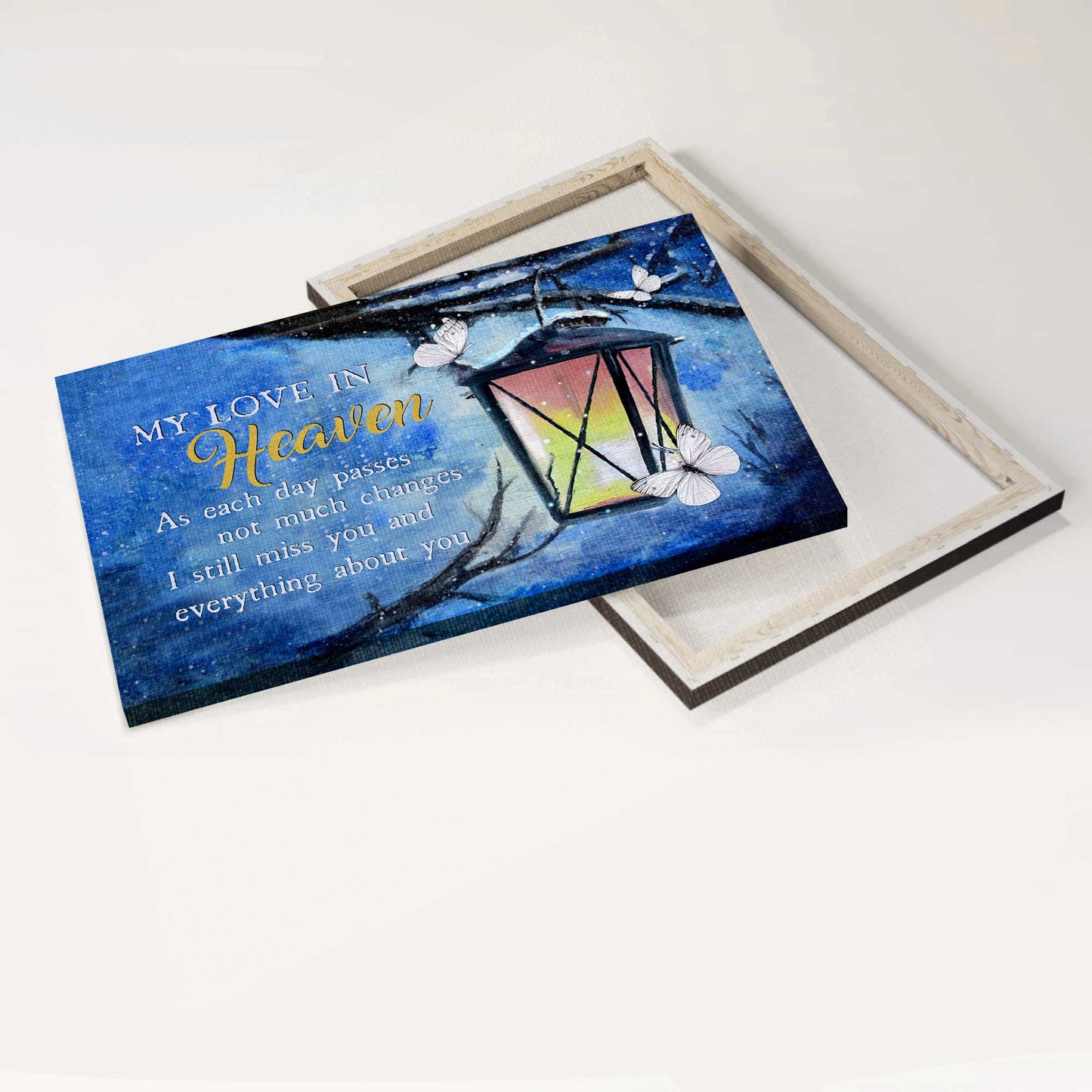 Memorial Landscape Canvas - Beautiful lantern, White butterfly, Blue night Landscape Canvas - Memorial Gift For Family Members - My love in heaven