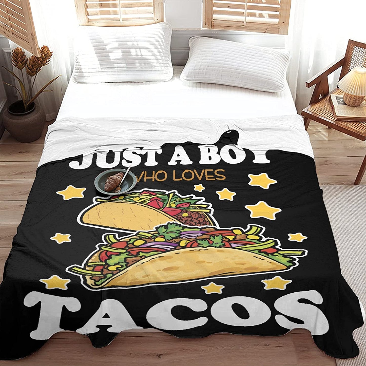 Tacos Blanket - Gift for Tacos Lover, Tacos Lover Food, Lightweight Comfy Warmer Novelty Decor for Bedding Chair Couch - Just A Boy Who Loves Tacos