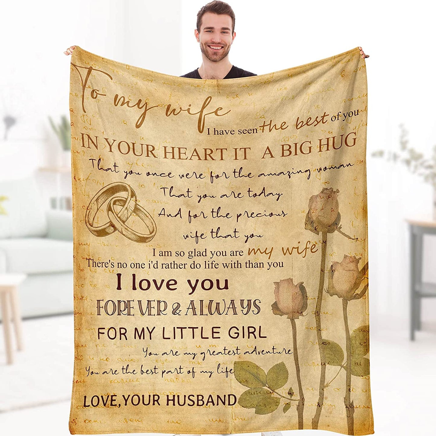 Gift For Wife Blanket - To My Wife, Rose, Wedding Rings Blanket - Romantic Gift For Wife From Husband, Birthday, Christmas, Valentines, Anniversary Blanket - I Love You Blanket