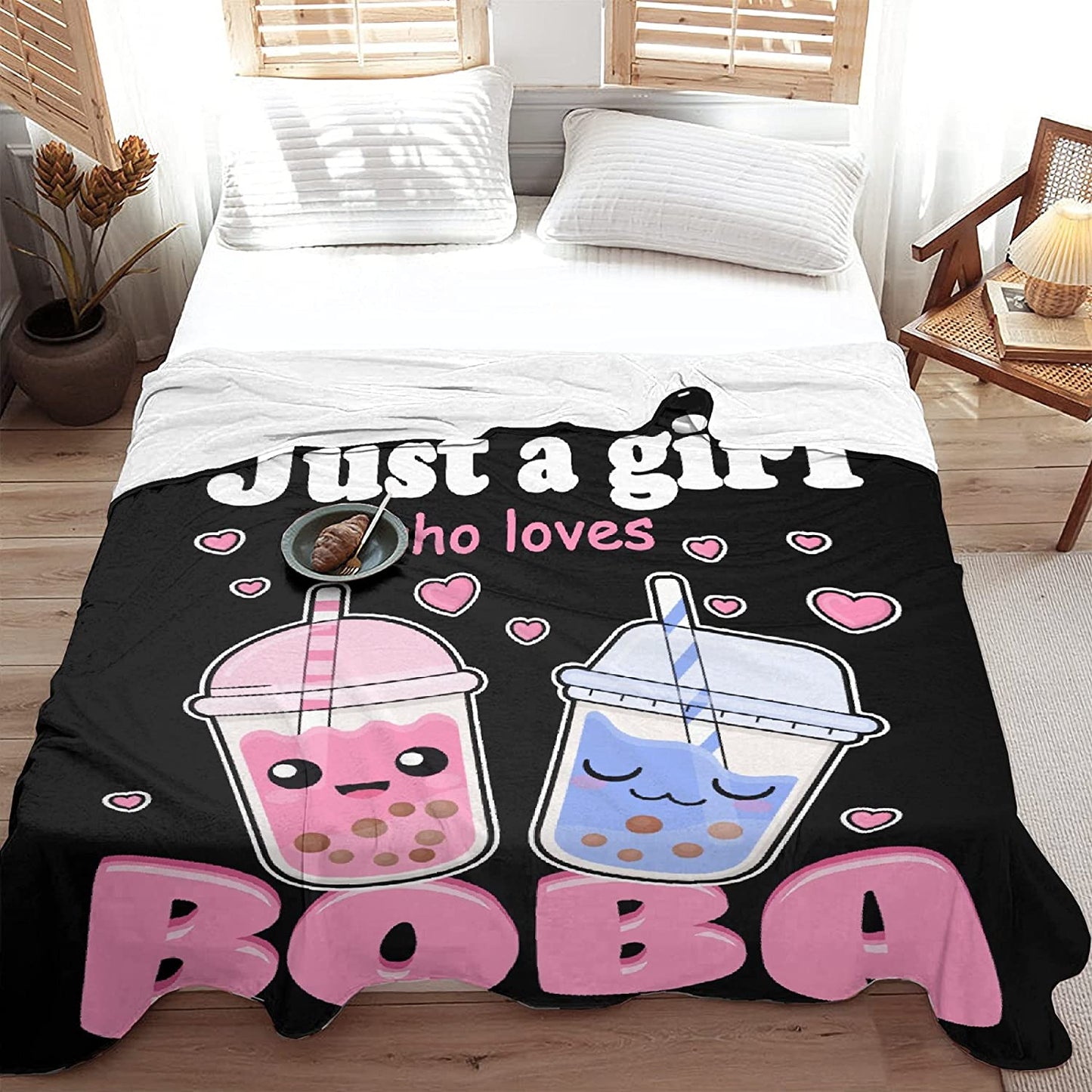 Personalized Boba, Bubble Tea Blanket - Custom Gift For Boba Lover, Milk Tea Lover, Daughter, Her, Woman, Kids - Just A Girl Who Loves Boba Stuffed Soft Lightweight Flannel Blankets Toddler Sheet for Sofa