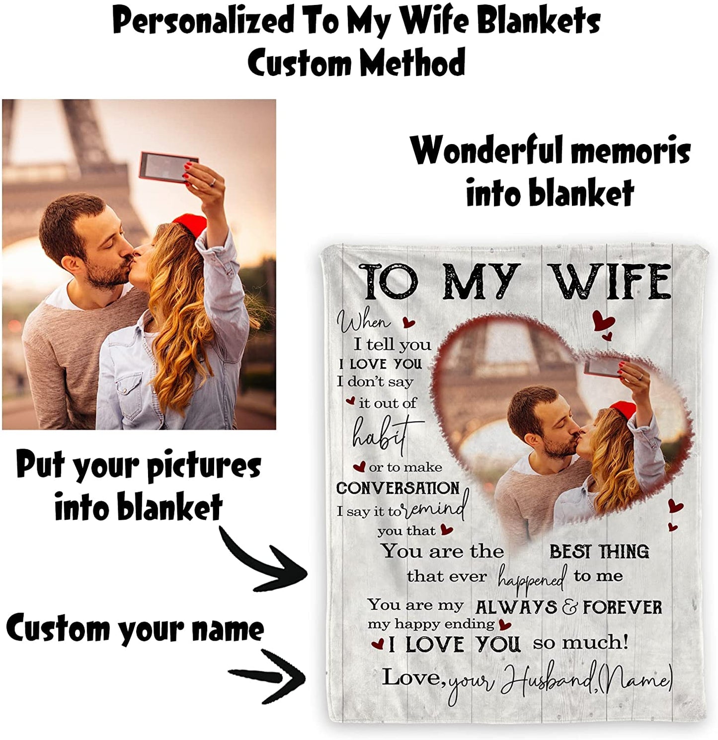 Valentine's Day Gift For Wife, To My Wife Gift Blanket From Husband, Personalized Blanket Gift For Her, Custom Picture Blanket With Name Change