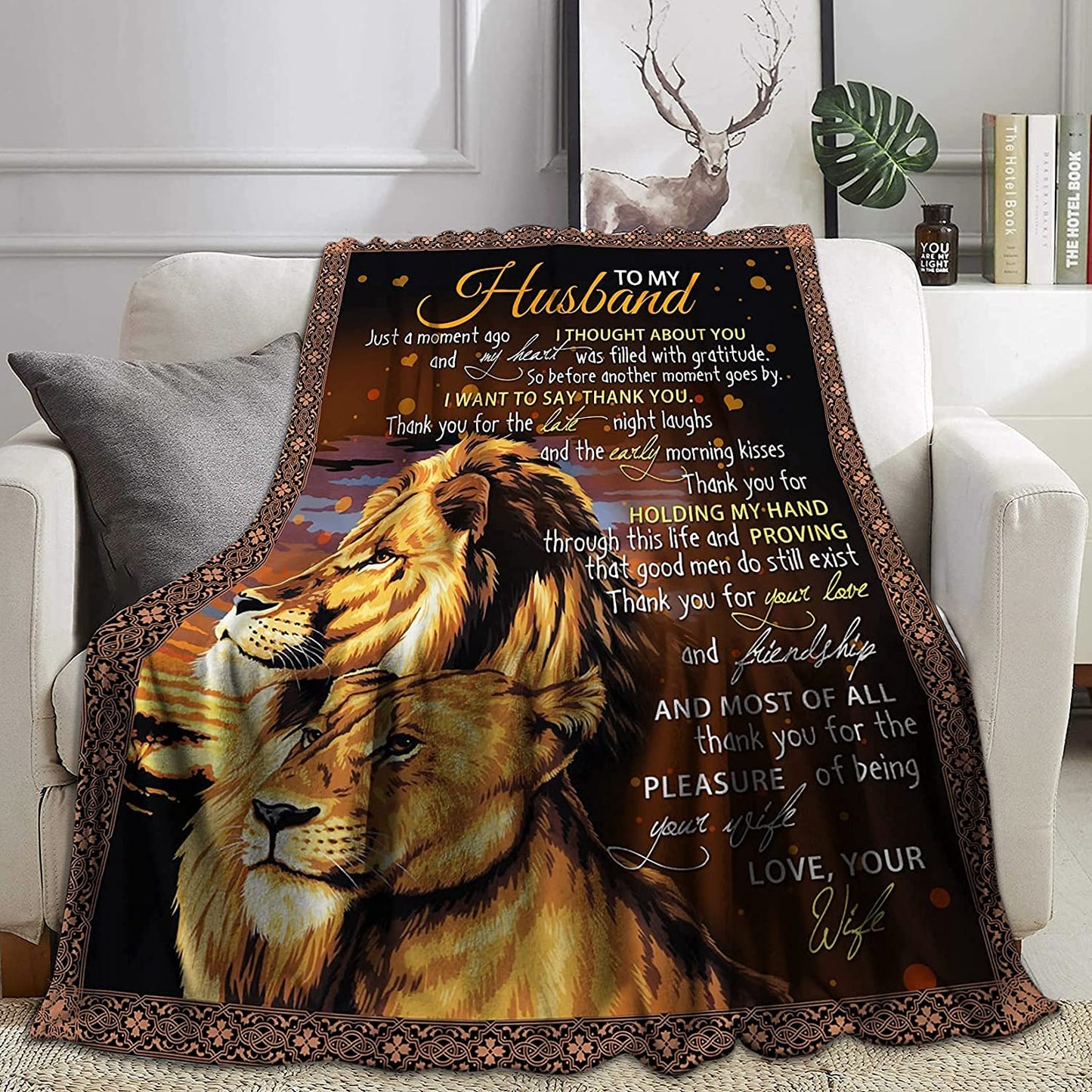 Gifts For Husband Blanket - Lion Couple, To My Husband Blanket - Gift From Wife, Anniversary, Wedding, Valentines, Mother's Day, Christmas, Birthday Blankets For Home Bed Sofa Decor