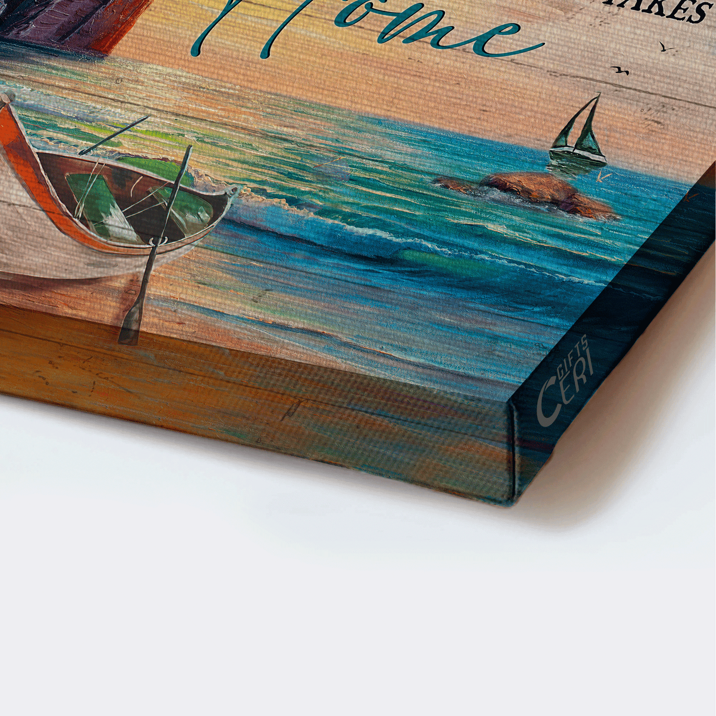 Family Landscape Canvas - Beautiful rock mountain, Pretty sunset, Boat Landscape Canvas - Gift For Family member - The best journey always take us home