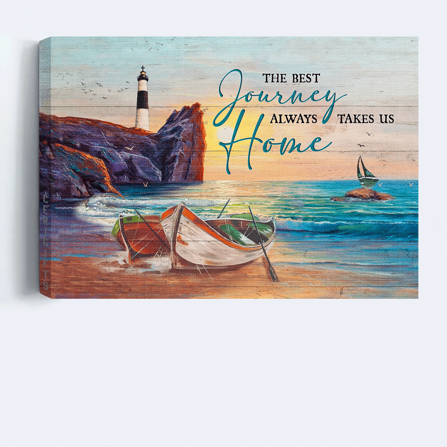 Family Landscape Canvas - Beautiful rock mountain, Pretty sunset, Boat Landscape Canvas - Gift For Family member - The best journey always take us home