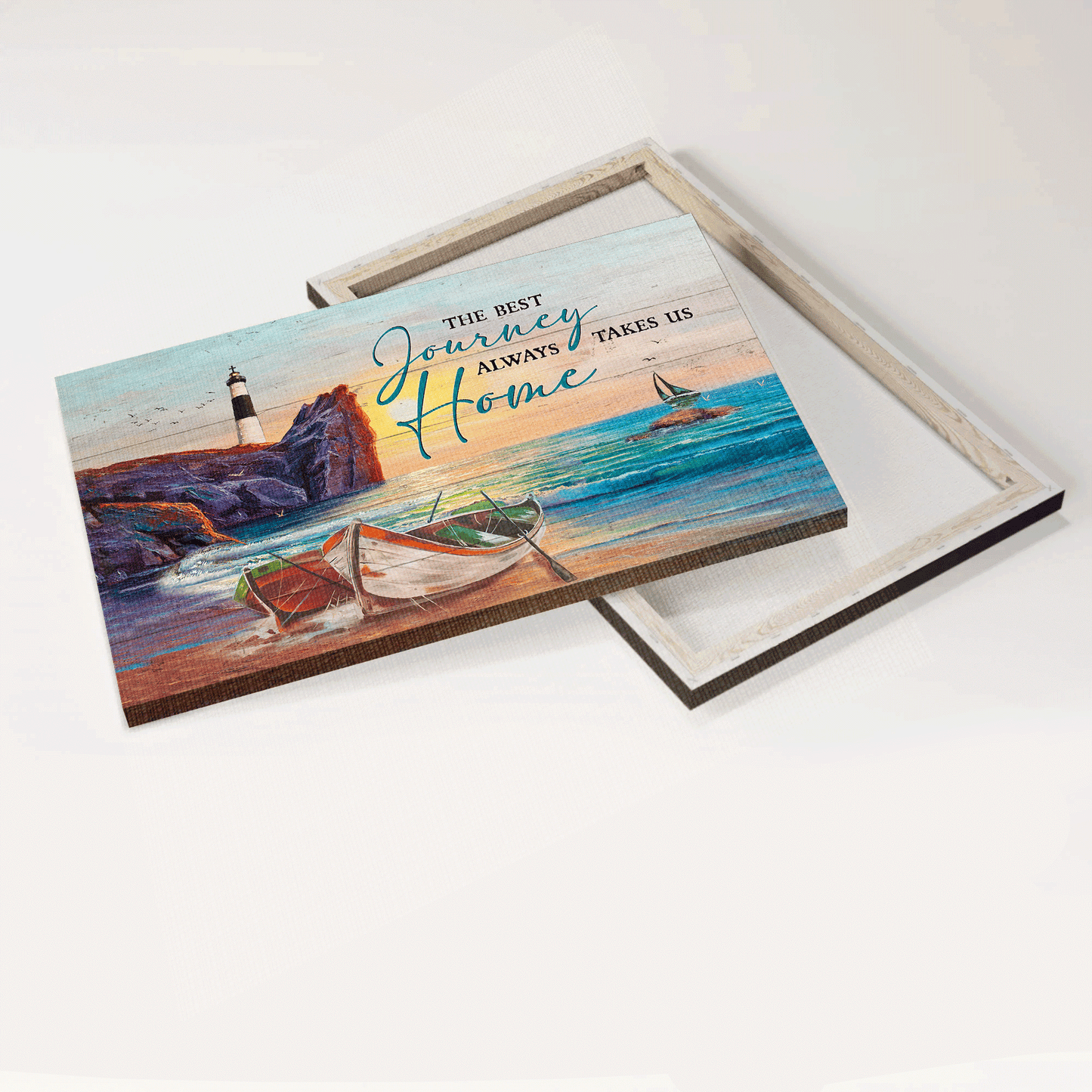 Family Landscape Canvas - Beautiful rock mountain, Pretty sunset, Boat Landscape Canvas - Gift For Family member - The best journey always take us home