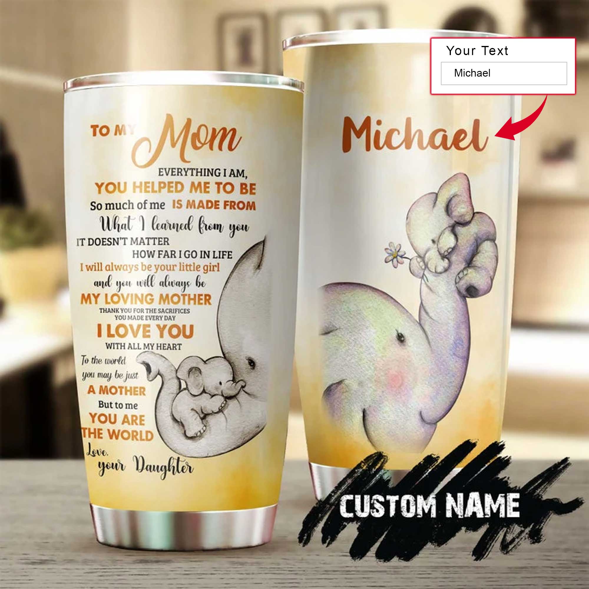 Personalized Mother's Day Gift Tumbler - Custom Gift For Mother's Day, Presents for Mom - Elephant Mom Tumbler - You Are The World To Me Tumbler