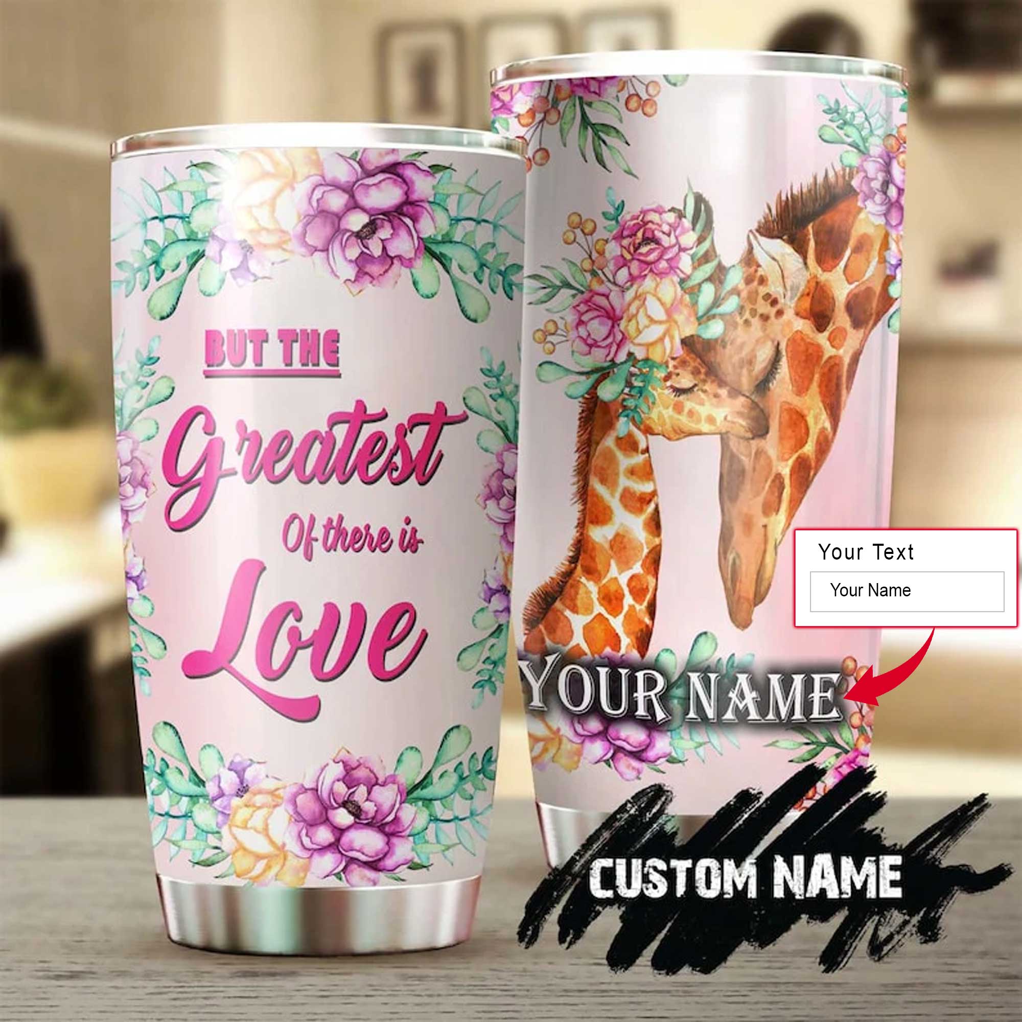 Personalized Mother's Day Gift Tumbler - Custom Gift For Mother's Day, Presents for Mom - Giraffe Mom And Baby With Flower Greatest Love Tumbler