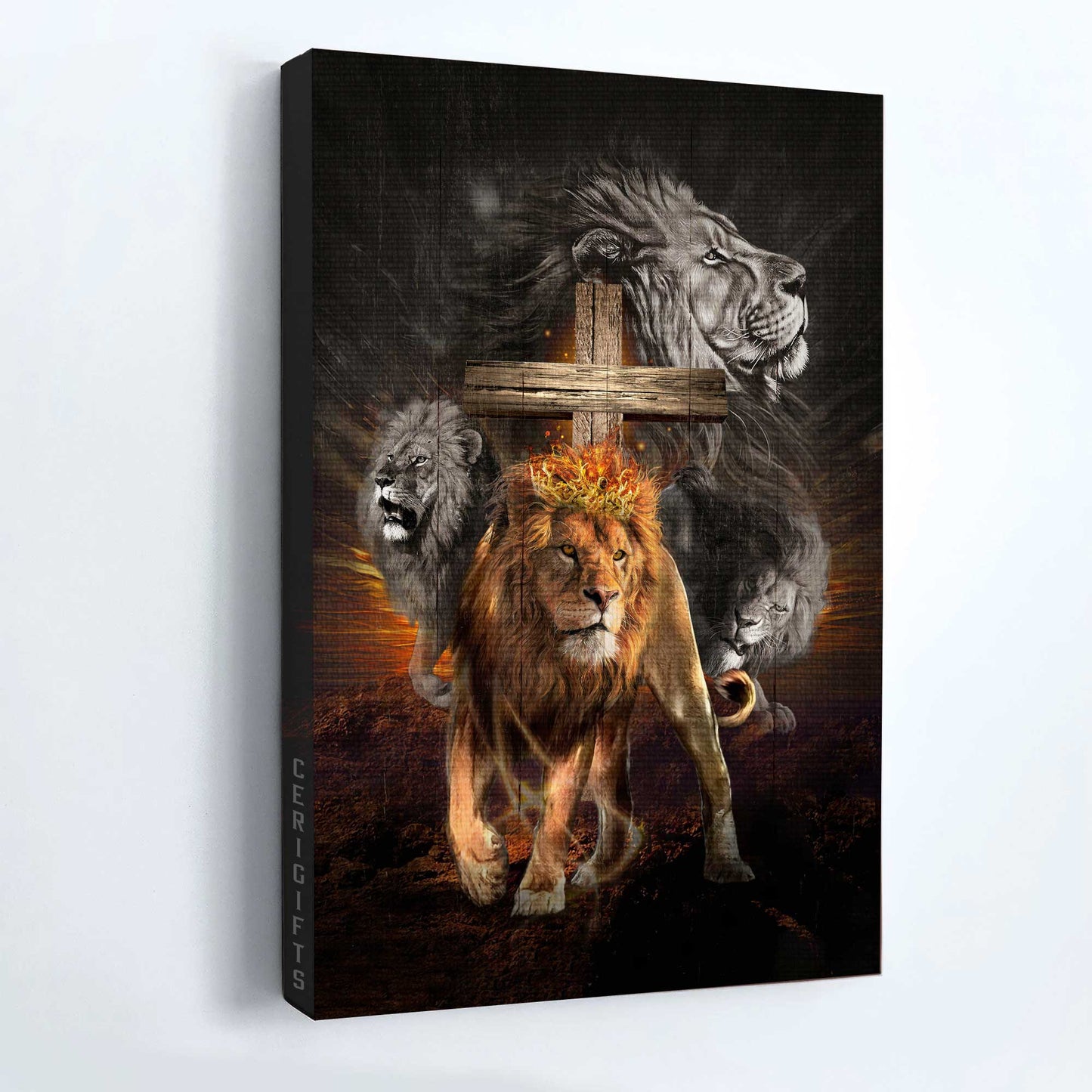 Jesus Portrait Canvas - Lion of Judah, Wooden cross, Jesus the Lord Portrait Canvas - Inspirational gift, Gift For Christian