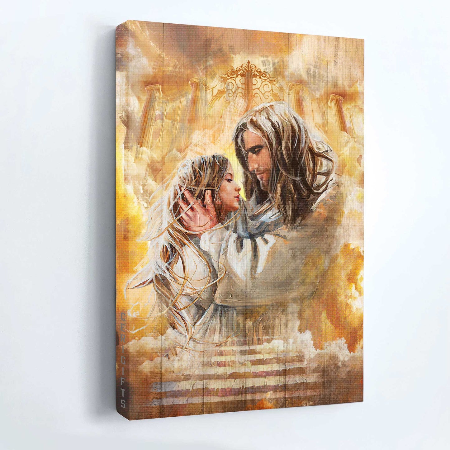 God, Faith, Jesus Landscape Canvas, Christian Wall Art - Beautiful woman, Jesus painting, Golden cloud drawing, First day in heaven Landscape Canvas - Wall Decor Framed Gift For Christian, Believe in Jesus