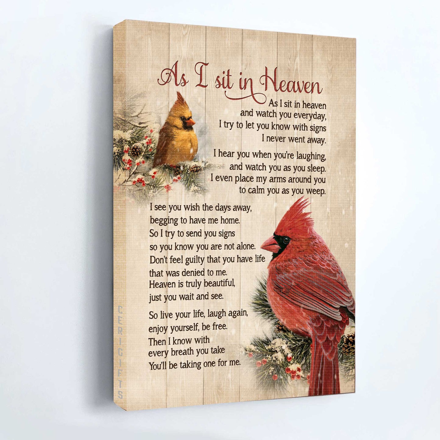 Heaven Portrait Canvas, Big Cardinal Drawing, Frozen Cranberry, Winter Drawing Portrait Canvas, Memorial Gift For Family Members - As I Sit In Heaven