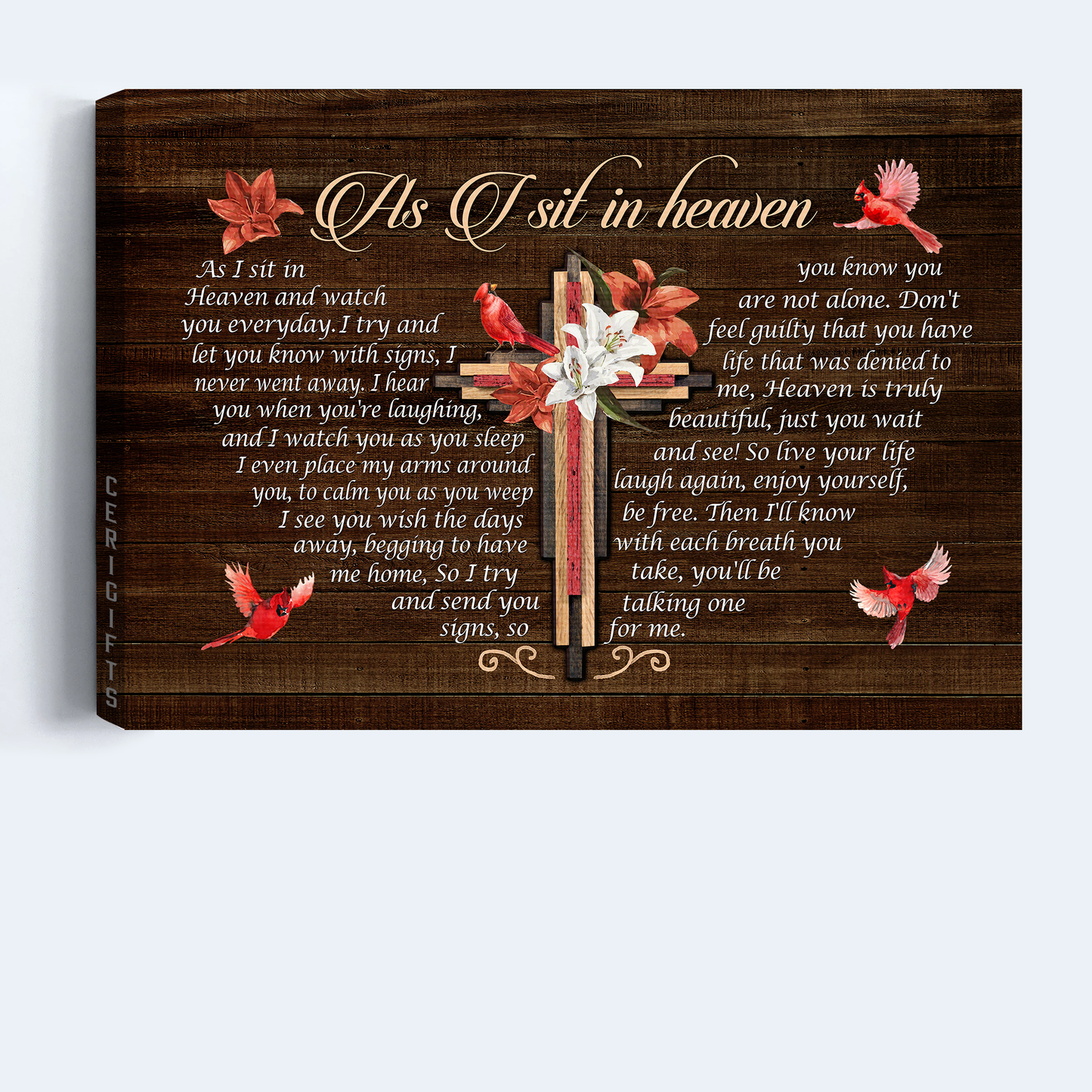 Heaven Landscape Canvas - Big cross, Lily flower painting, Red cardinal Landscape Canvas - Memorial Gift For Family Members - As I sit in heaven Landscape Canvas