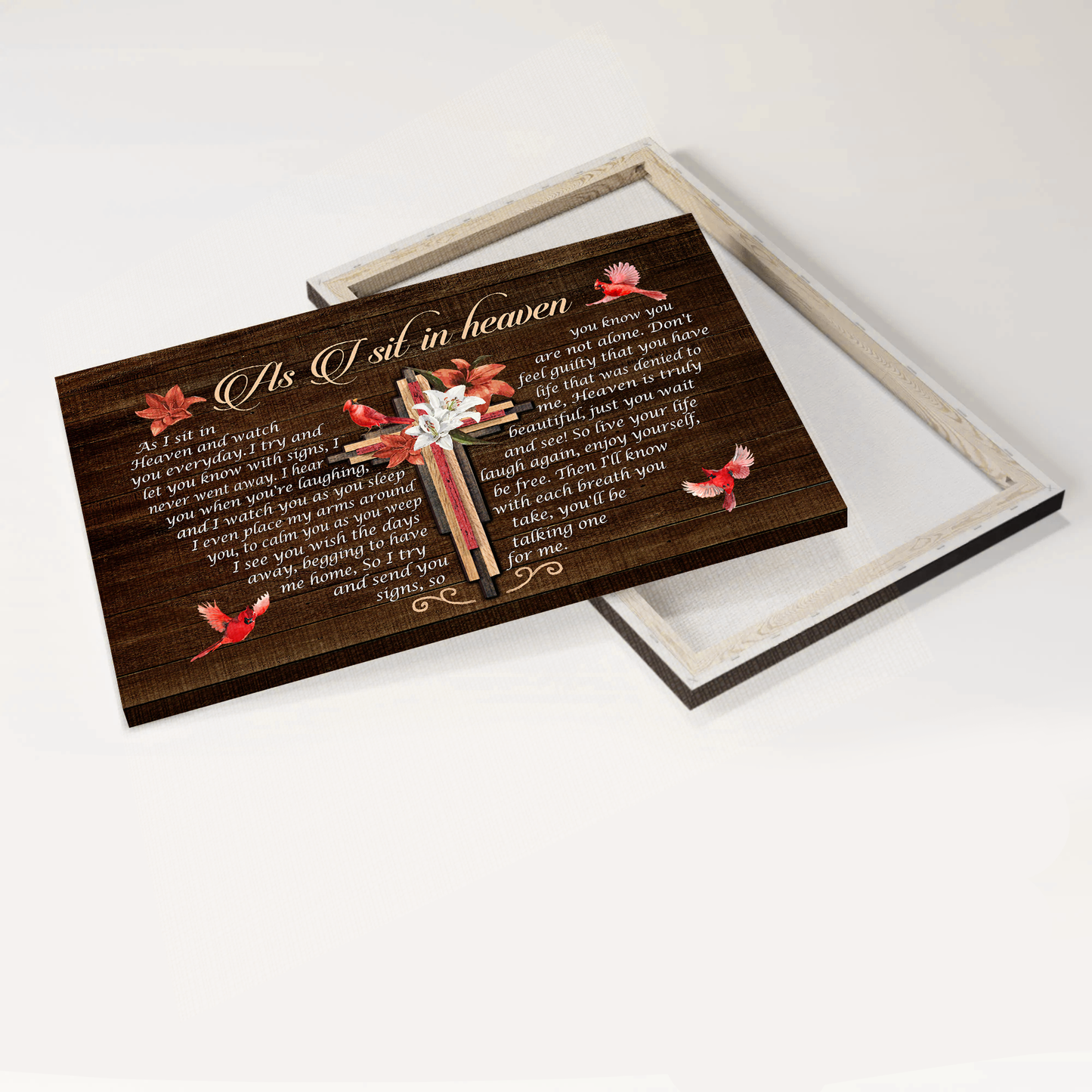 Heaven Landscape Canvas - Big cross, Lily flower painting, Red cardinal Landscape Canvas - Memorial Gift For Family Members - As I sit in heaven Landscape Canvas