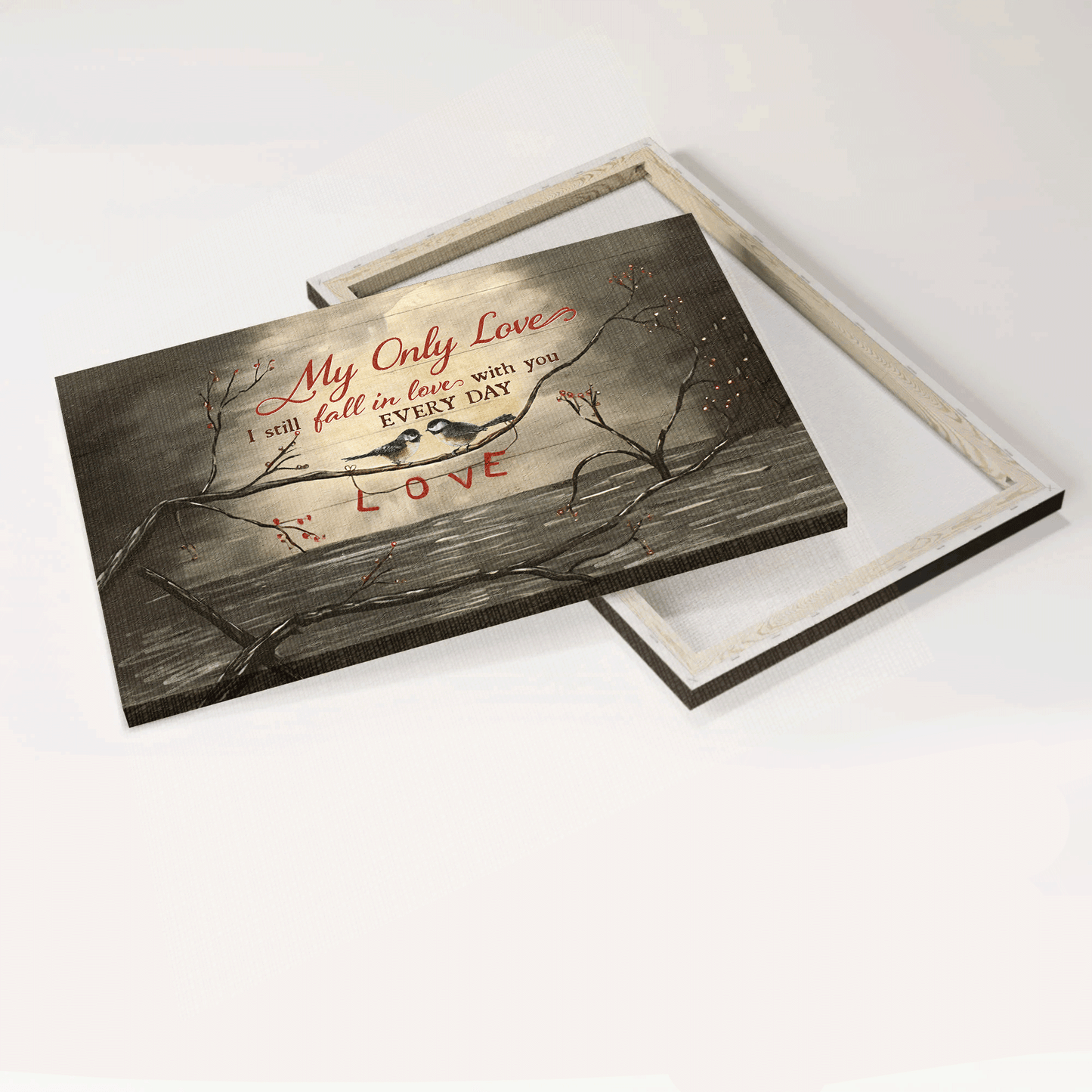 Couple Landscape Canvas- Bird drawing, Black river, Cranberry tree- Gift for Couple, Lover, Partner- I still falling in love with you every day - Landscape Canvas Prints, Wall Art
