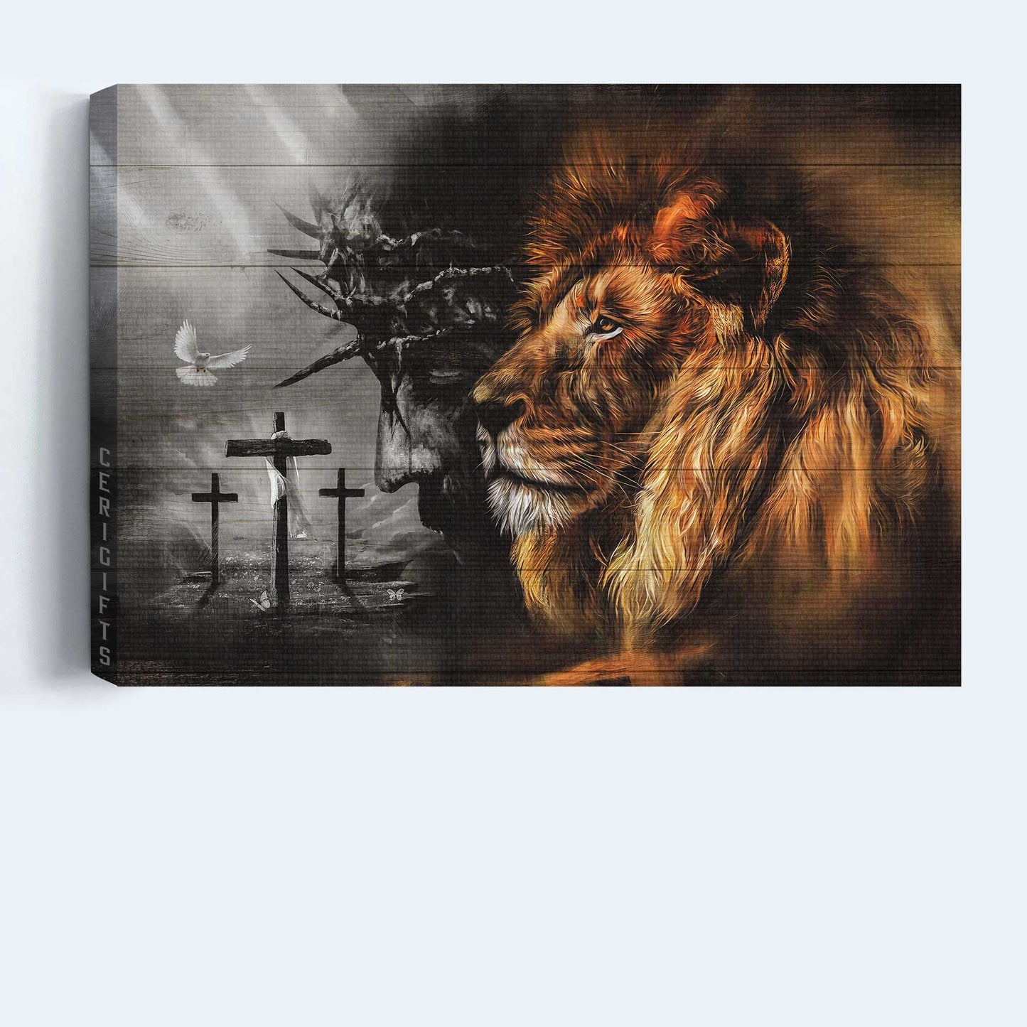 Lion and Jesus Portrait Landscape Canvas, Christian Wall Art - Black And White Jesus Painting, Lion Painting, Lion Of Judah - Jesus Landscape Canvas - Wall Decor Framed Gift For Christian