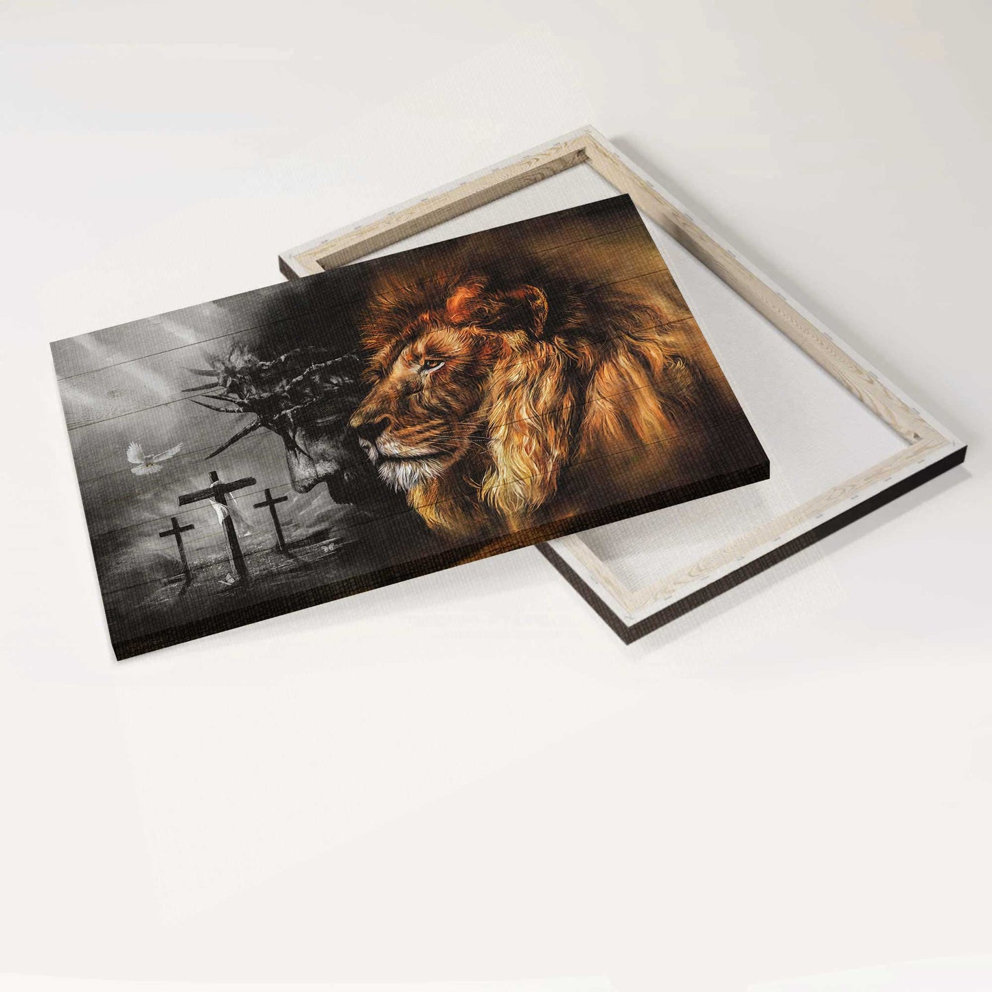 Lion and Jesus Portrait Landscape Canvas, Christian Wall Art - Black And White Jesus Painting, Lion Painting, Lion Of Judah - Jesus Landscape Canvas - Wall Decor Framed Gift For Christian