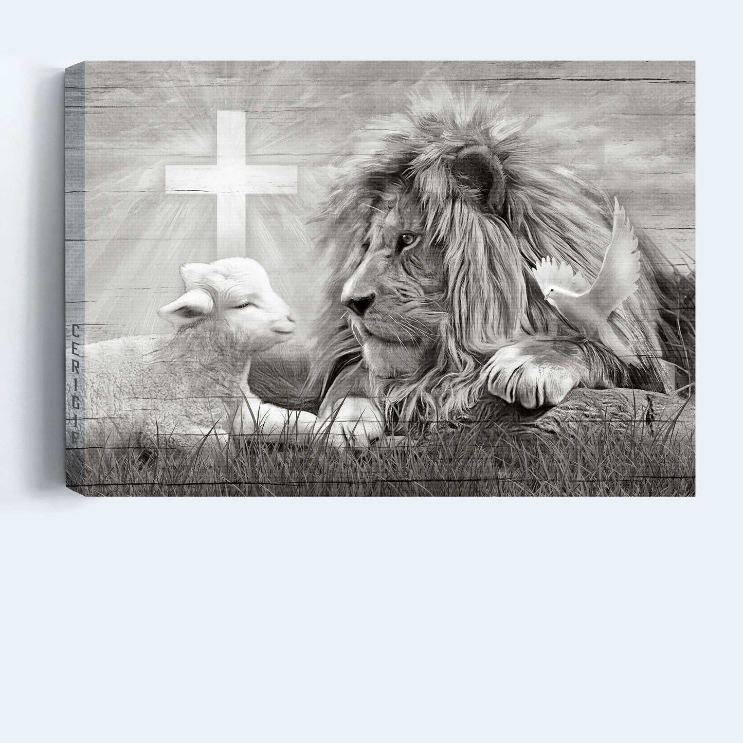 Lion Landscape Canvas, Black and white Lion and Lamb Landscape Canvas - Wall Decor Framed Gift For Christian