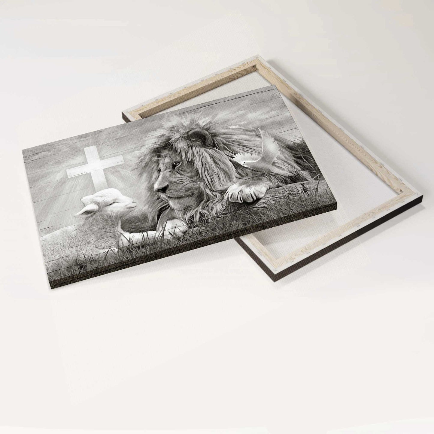 Lion Landscape Canvas, Black and white Lion and Lamb Landscape Canvas - Wall Decor Framed Gift For Christian