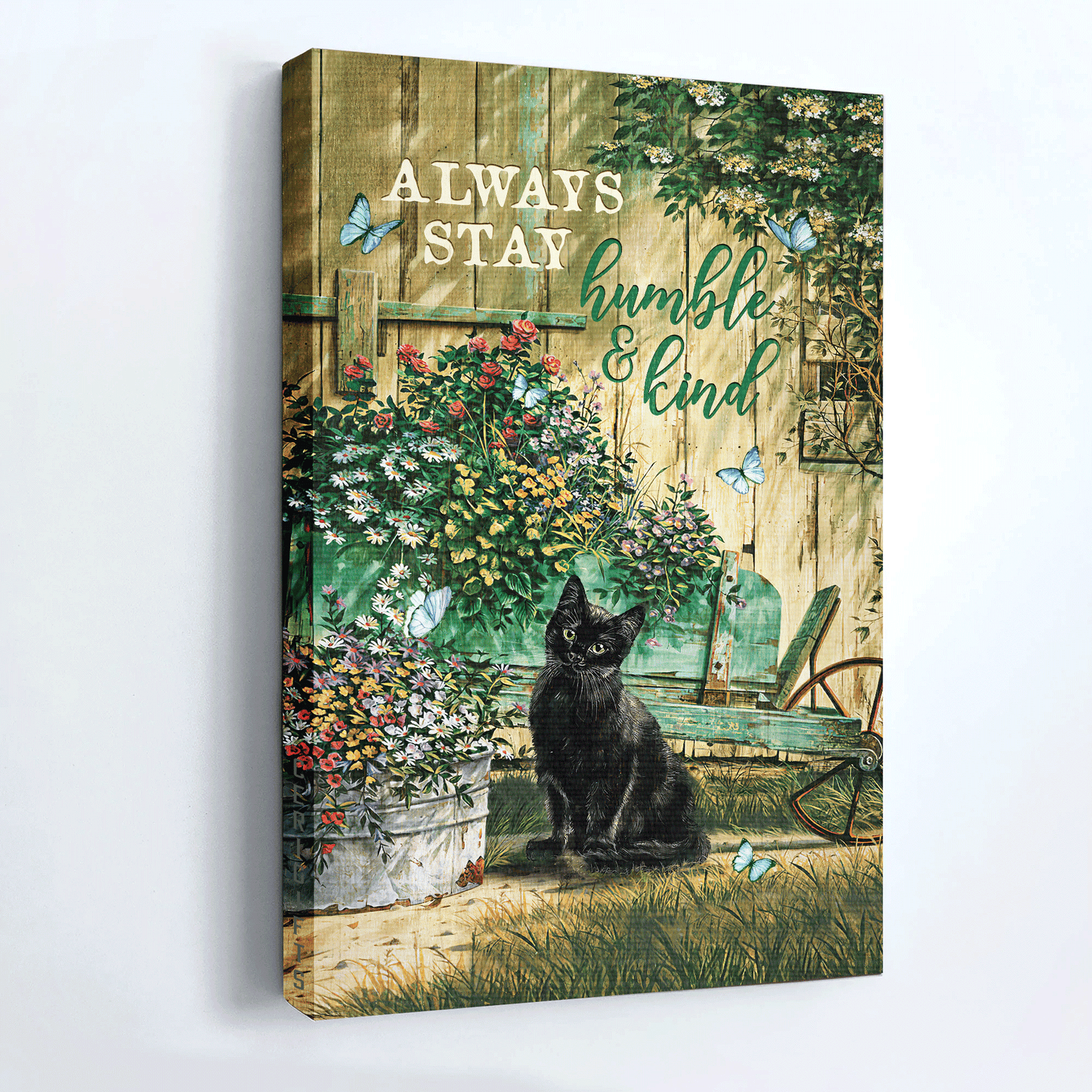 Black cat Portrait Canvas- Black cat, Baby flower garden, Sunny day- Gift for Cat lover- Always stay humble and kind - Portrait Canvas Prints, Christian Wall Art