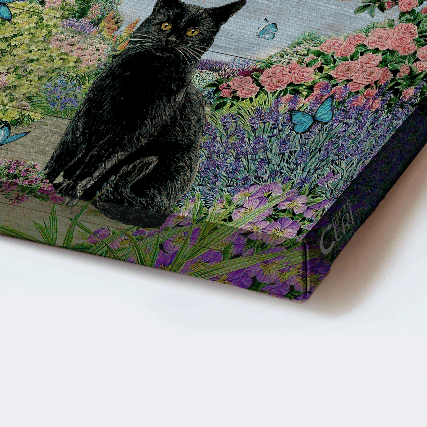 Black cat Landscape Canvas- Black cat drawing, Pastel flower garden- Gift for Cat lover- Pray big, Worry small - Landscape Canvas Prints, Christian Wall Art