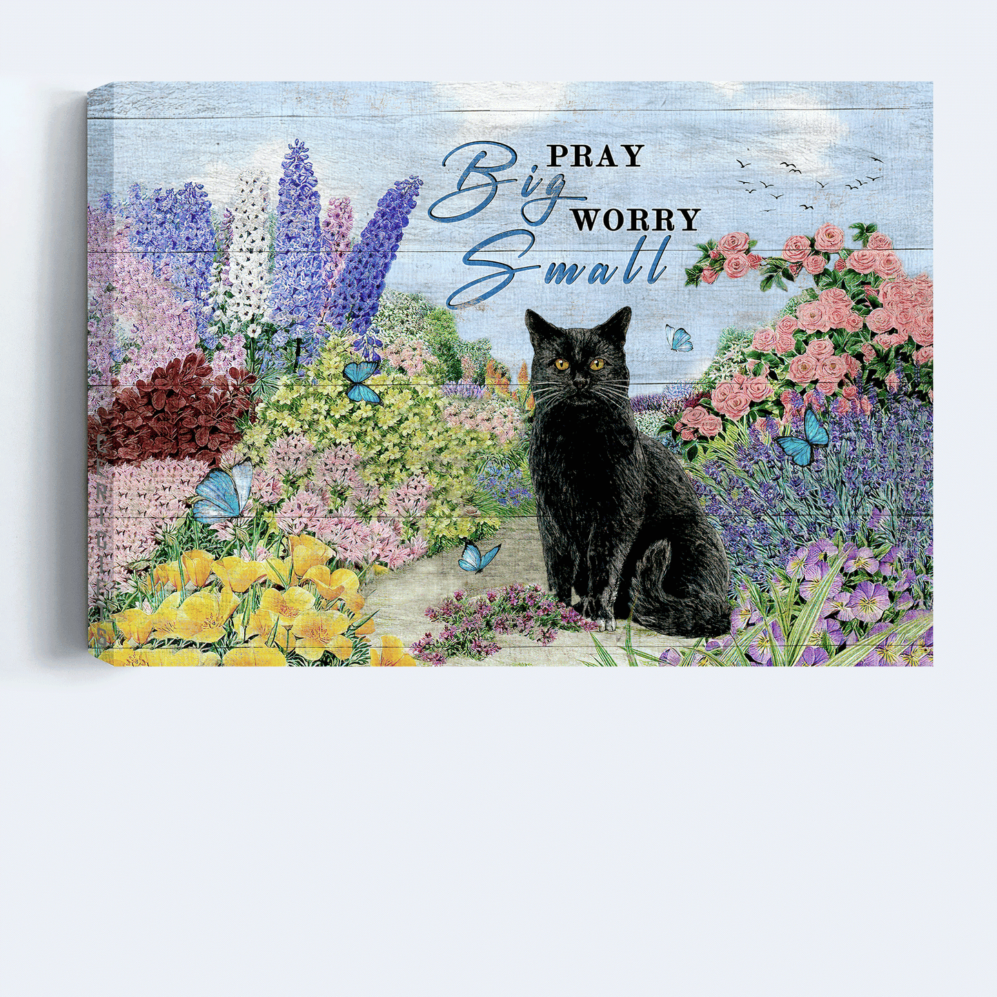 Black cat Landscape Canvas- Black cat drawing, Pastel flower garden- Gift for Cat lover- Pray big, Worry small - Landscape Canvas Prints, Christian Wall Art