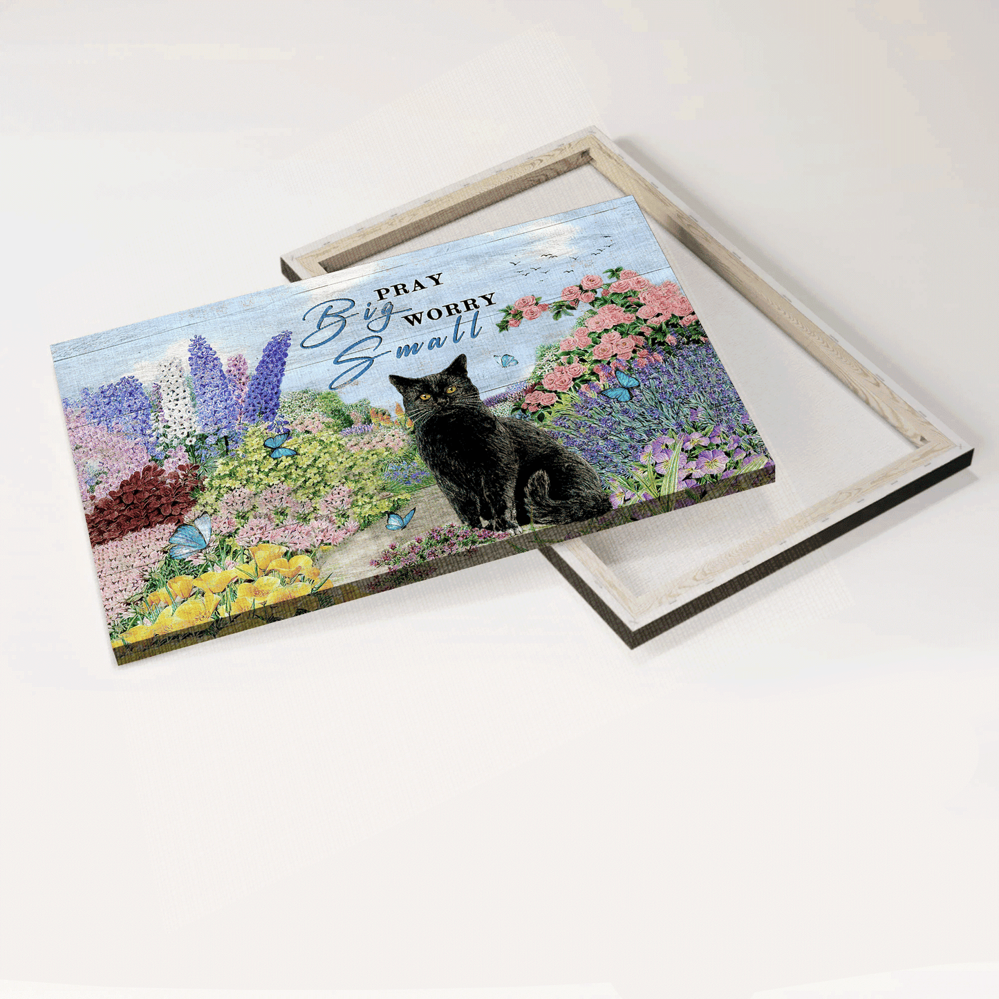 Black cat Landscape Canvas- Black cat drawing, Pastel flower garden- Gift for Cat lover- Pray big, Worry small - Landscape Canvas Prints, Christian Wall Art