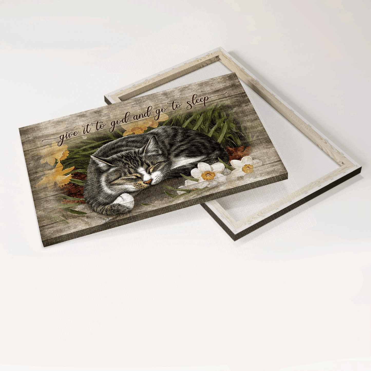Black cat Landscape Canvas- Black cat drawing, Pretty flower garden- Gift for Christian- Give it to God and go to sleep - Landscape Canvas Prints, Christian Wall Art