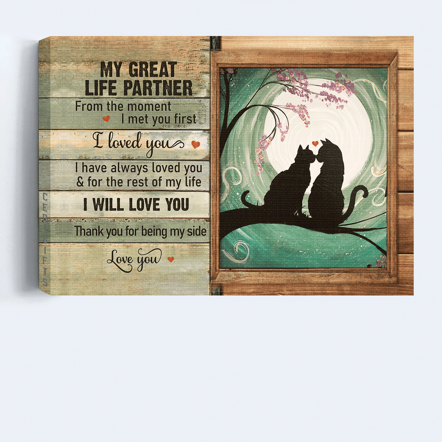 Couple Landscape Canvas- Black cat painting, Pink flower, Full-moon drawing- Gift for Couple, lover, partner- Thank you for being my side - Landscape Canvas Prints, Wall Art