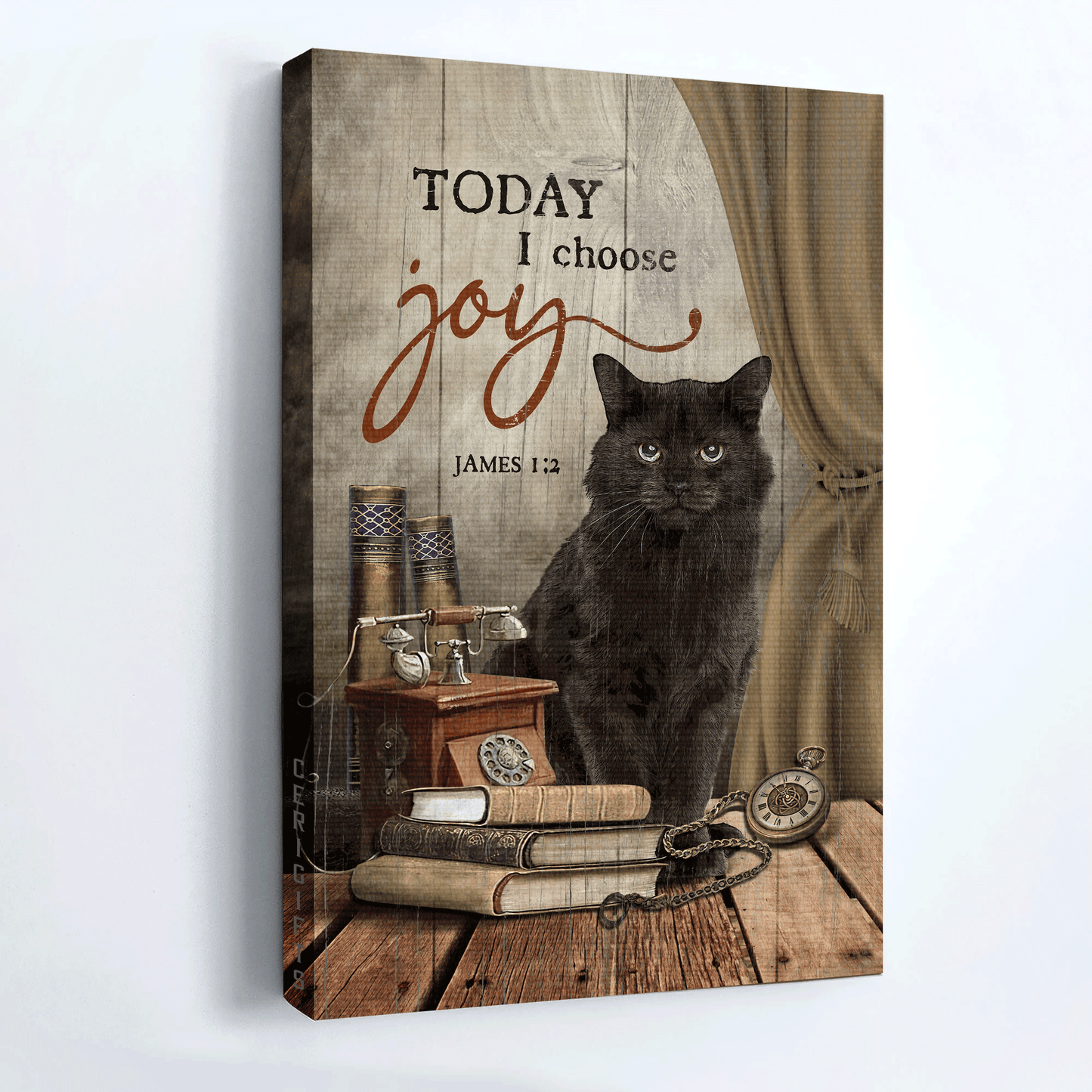 Black cat Portrait Canvas- Black cat, Telephone, Clock, Books - Gift for Cat lover- Today I choose Joy - Portrait Canvas Prints, Wall Art