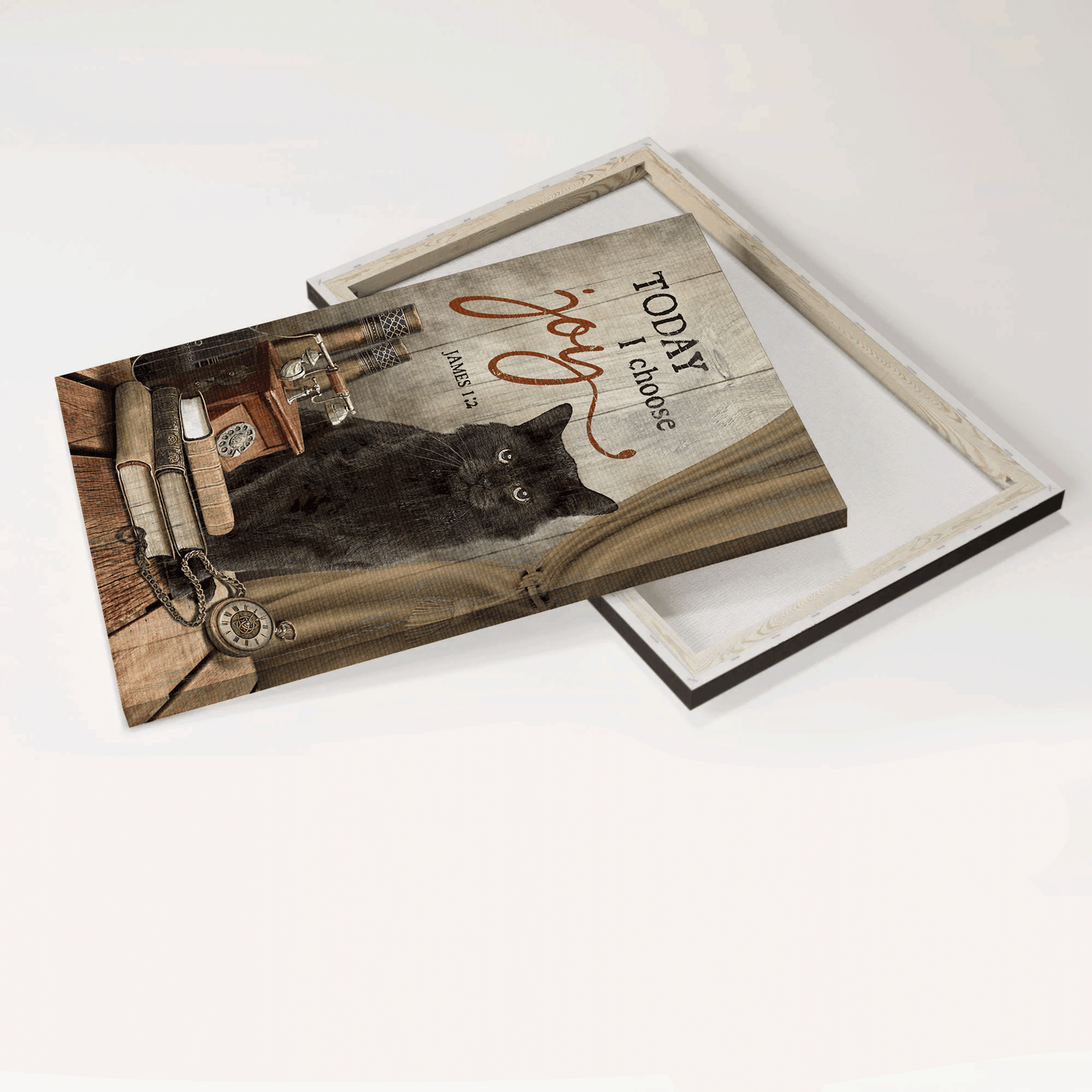 Black cat Portrait Canvas- Black cat, Telephone, Clock, Books - Gift for Cat lover- Today I choose Joy - Portrait Canvas Prints, Wall Art