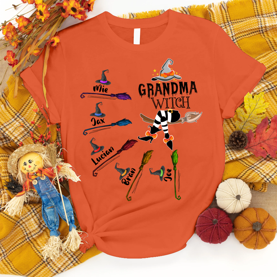 Grandma and Kids Custom Name T-shirt, Grandma Witch And Broom Kids Personalized Shirt - Perfect Gift For Gigi, Nana, Mimi, Grandma