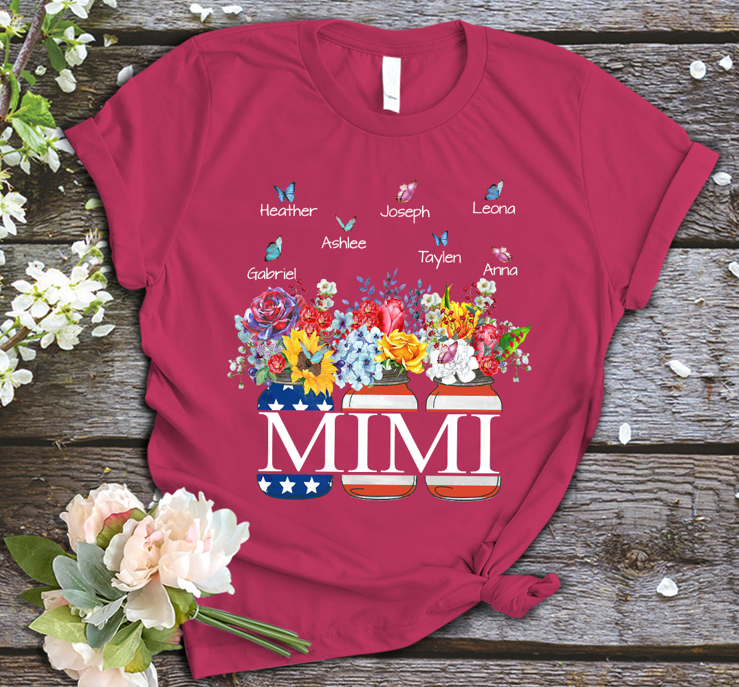 Mimi and Kids Custom Name T-shirt, Grandma Shirt , Flower Vase Flag American Personalized Shirt - Perfect Gift For Gigi, Nana, Mimi, Grandma