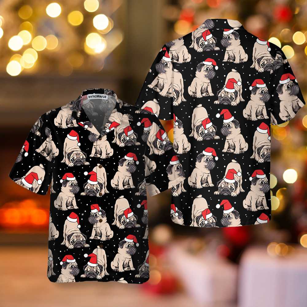 Adorable Pug Puppies Christmas Hawaiian Shirt, Pug Pattern Aloha Shirt, Best Christmas Gift For Pug Lover, Dog Lovers