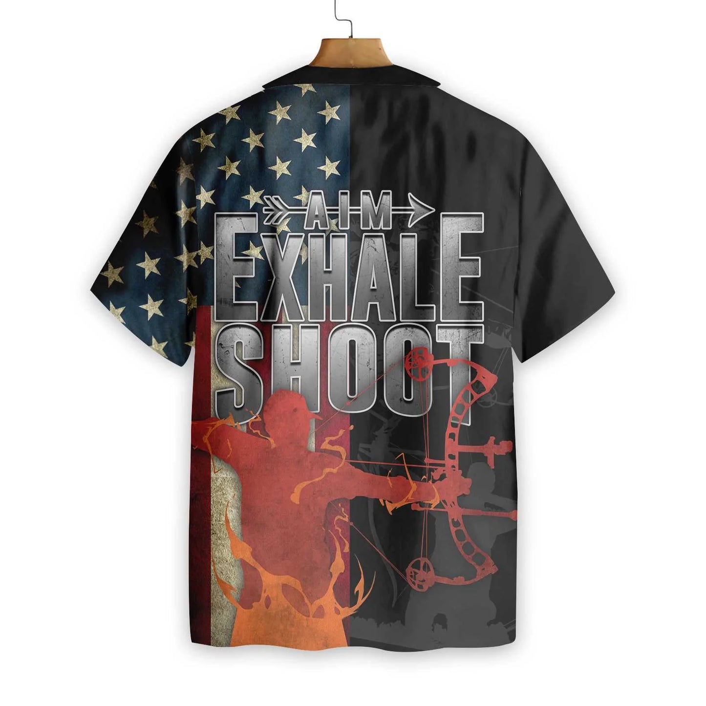 Archery American Flag Hawaiian Shirt, Aim Exhale Shoot Aloha Shirt For Men Women, Perfect Gift For Archery Lovers, Patriots, 4th Of July