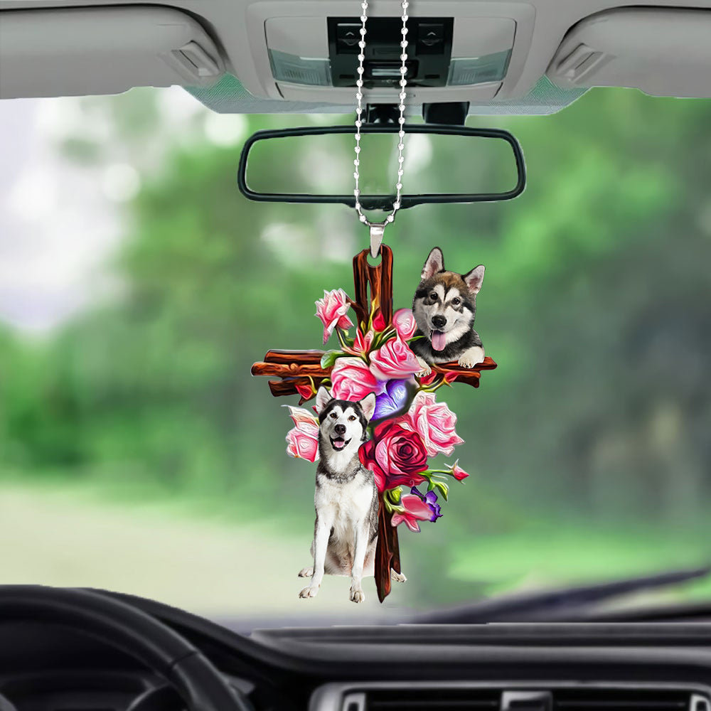 Alaskan Malamute Roses and Jesus Ornament - Dog Car Hanging Ornament - Gift For Dog Mom, Dog Lover, Dog Owner