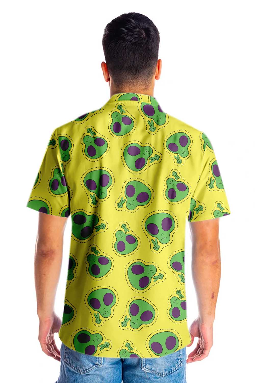 Alien Face Patch Hawaiian Shirt, Yellow Aloha Shirt For Men And Women, Perfect Gift For Friends, Husband, Boyfriend, Wife, Girlfriend, Family