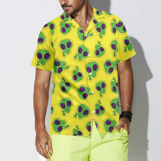 Alien Face Patch Hawaiian Shirt, Yellow Aloha Shirt For Men And Women, Perfect Gift For Friends, Husband, Boyfriend, Wife, Girlfriend, Family