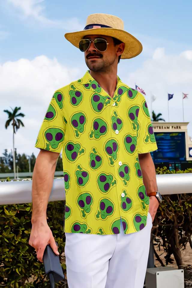 Alien Face Patch Hawaiian Shirt, Yellow Aloha Shirt For Men And Women, Perfect Gift For Friends, Husband, Boyfriend, Wife, Girlfriend, Family