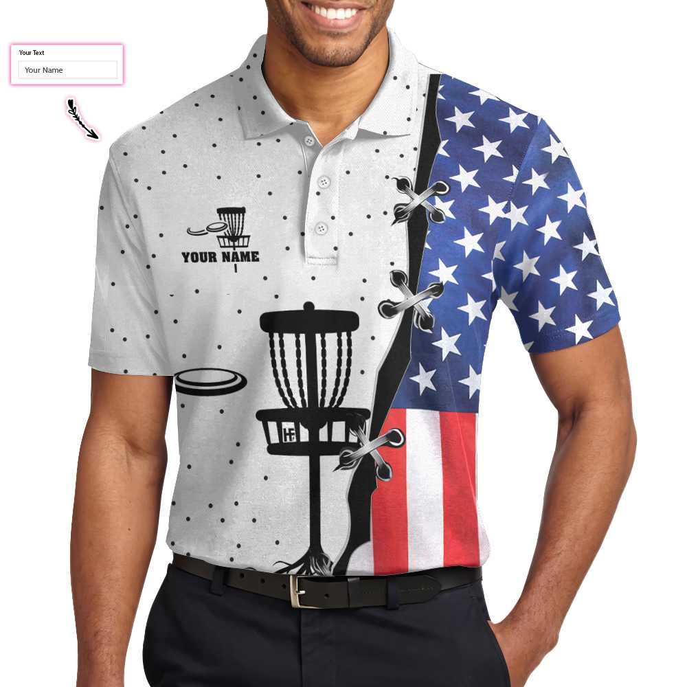 Disc Golf Custom Men Polo Shirt, American Flag Dot Pattern Disc Golf Shirt For Men, Personalized Disc Golf Shirt