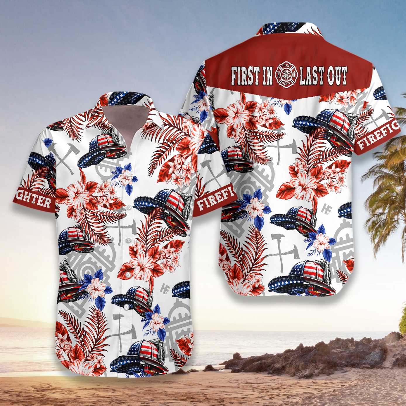 American Flag Firefighter Helmet Seamless Firefighter Hawaiian Shirt, Texas Bluebonnet Firefighter Aloha Shirt For Men, Best Gift For Firefighter Patriot