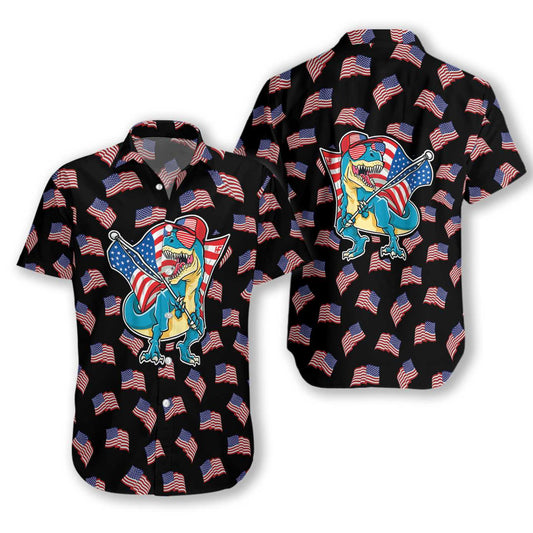 American Flag T-Rex Hawaiian Shirt, Dinosaur Aloha Shirt For Men & Women, Best Gift For Patriot, Tyrannosaurus Rex Dinosaur Lovers
