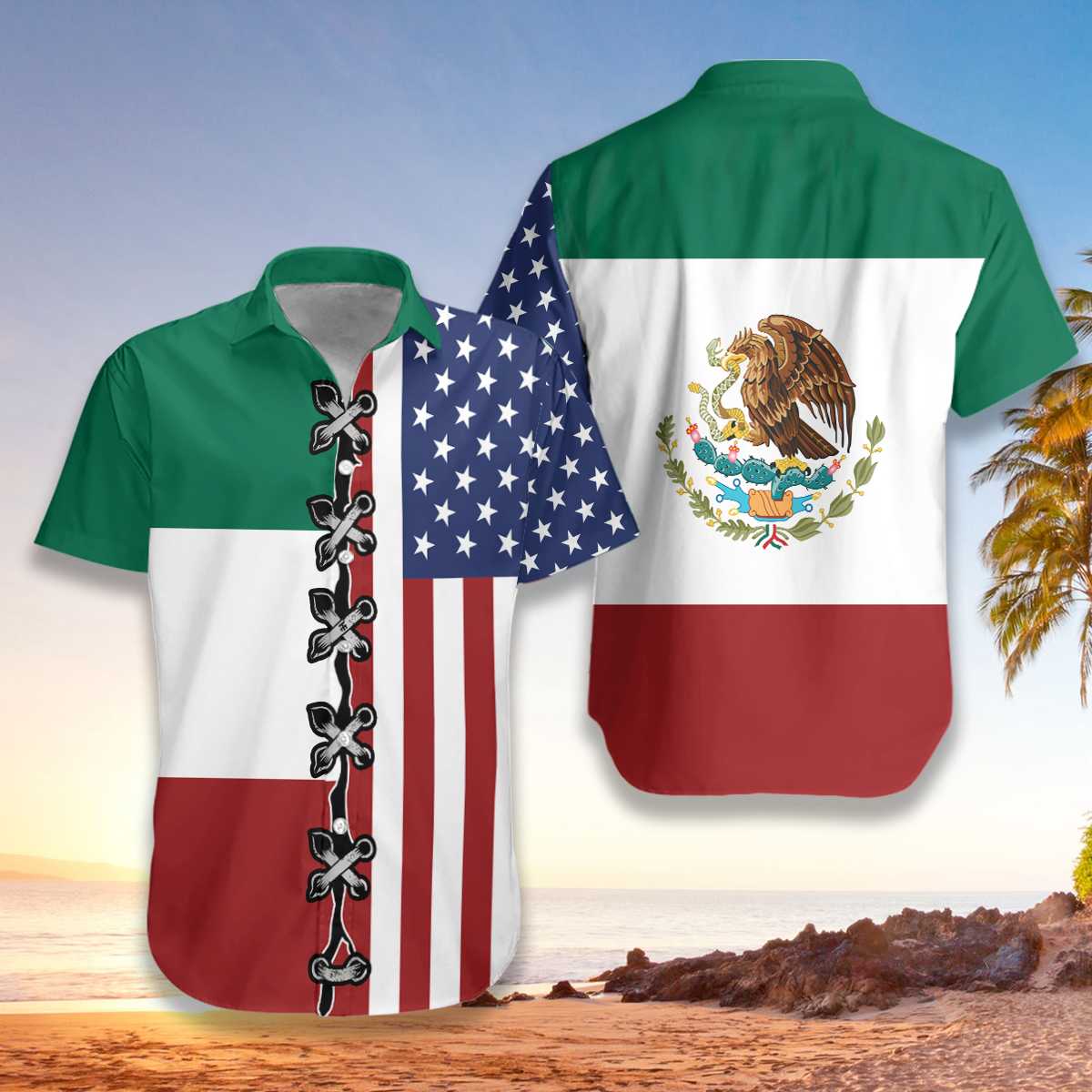 American Flag Mexico Flag Hawaiian Shirt, Patriot Aloha Shirt For Men & Women, Best Gift For Husband, Wife, Boyfriend, Girlfriend
