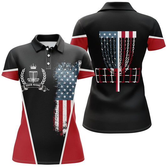American Flag Disc Golf Basket Patriotic Women Polo Shirts Custom Name Disc Golf Shirt For Womens, Perfect Gift For Women