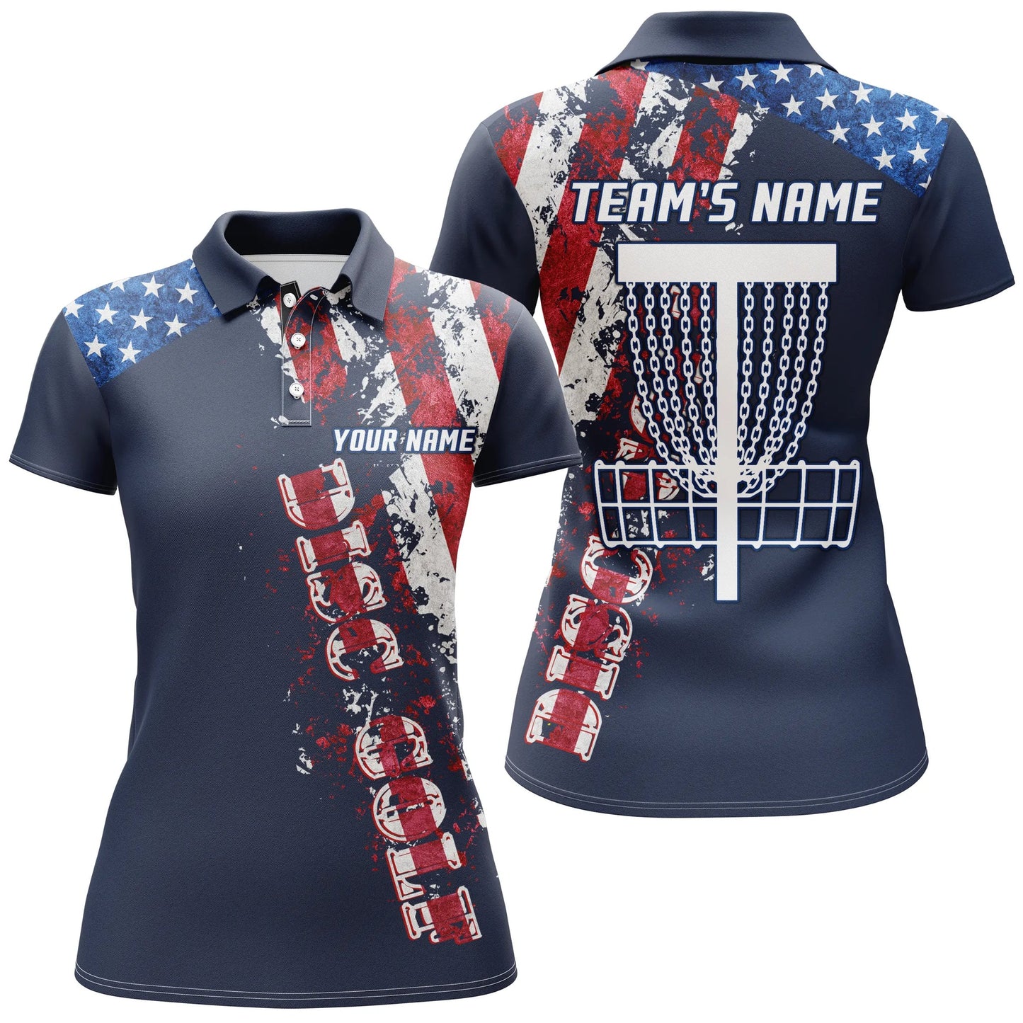 American Flag Patriotic Womens Disc Golf Polo Shirt Custom Team Disc Golf Basket Shirts , Blue Navy, Perfect Gift For Women