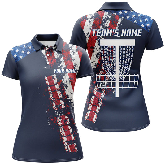 American Flag Patriotic Womens Disc Golf Polo Shirt Custom Team Disc Golf Basket Shirts , Blue Navy, Perfect Gift For Women
